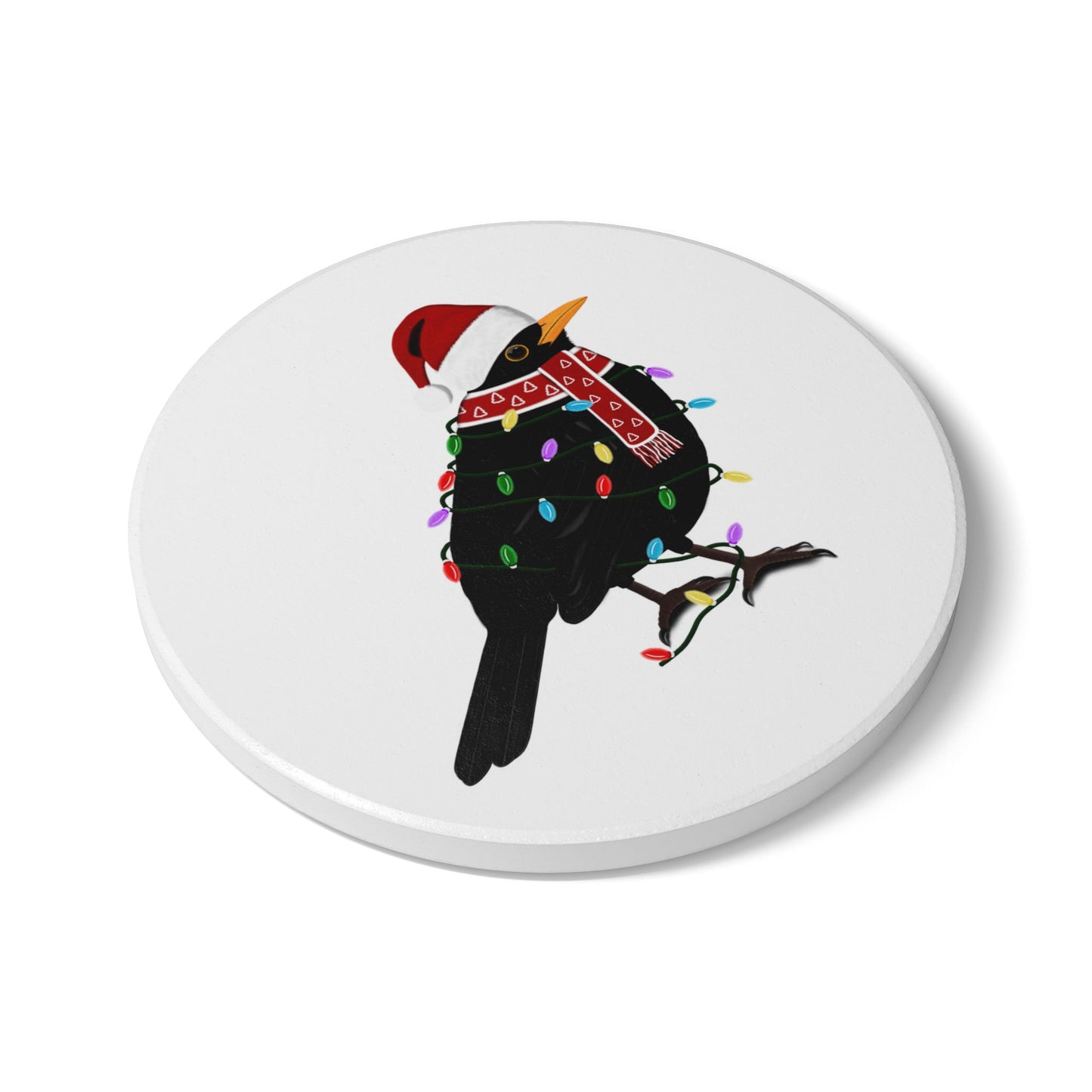 Keramik-Untersetzer Amsel als Weihnachtsmann mit Lichterkette Weihnachtliches Vogel-Motiv