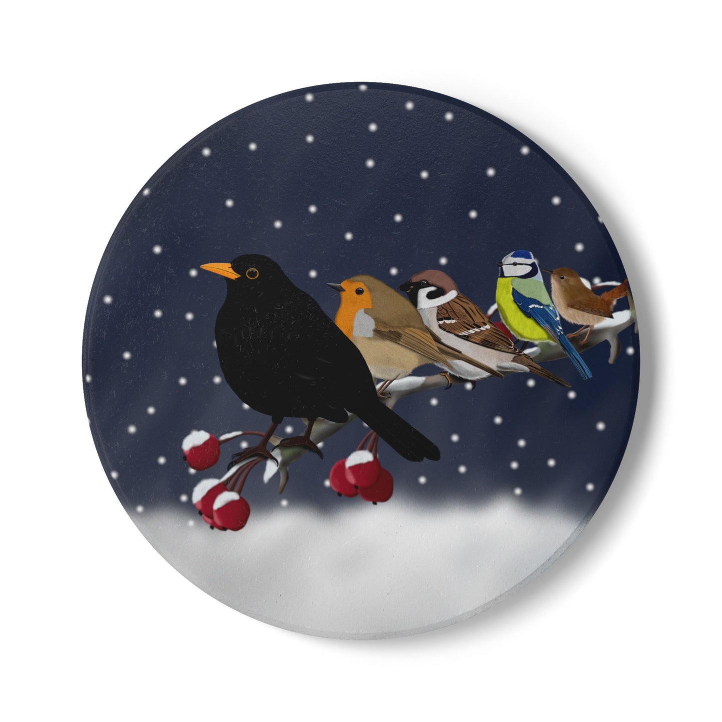 Amsel Rotkehlchen Blaumeise Keramik-Untersetzer: Weihnachtliches Vogel-Motiv