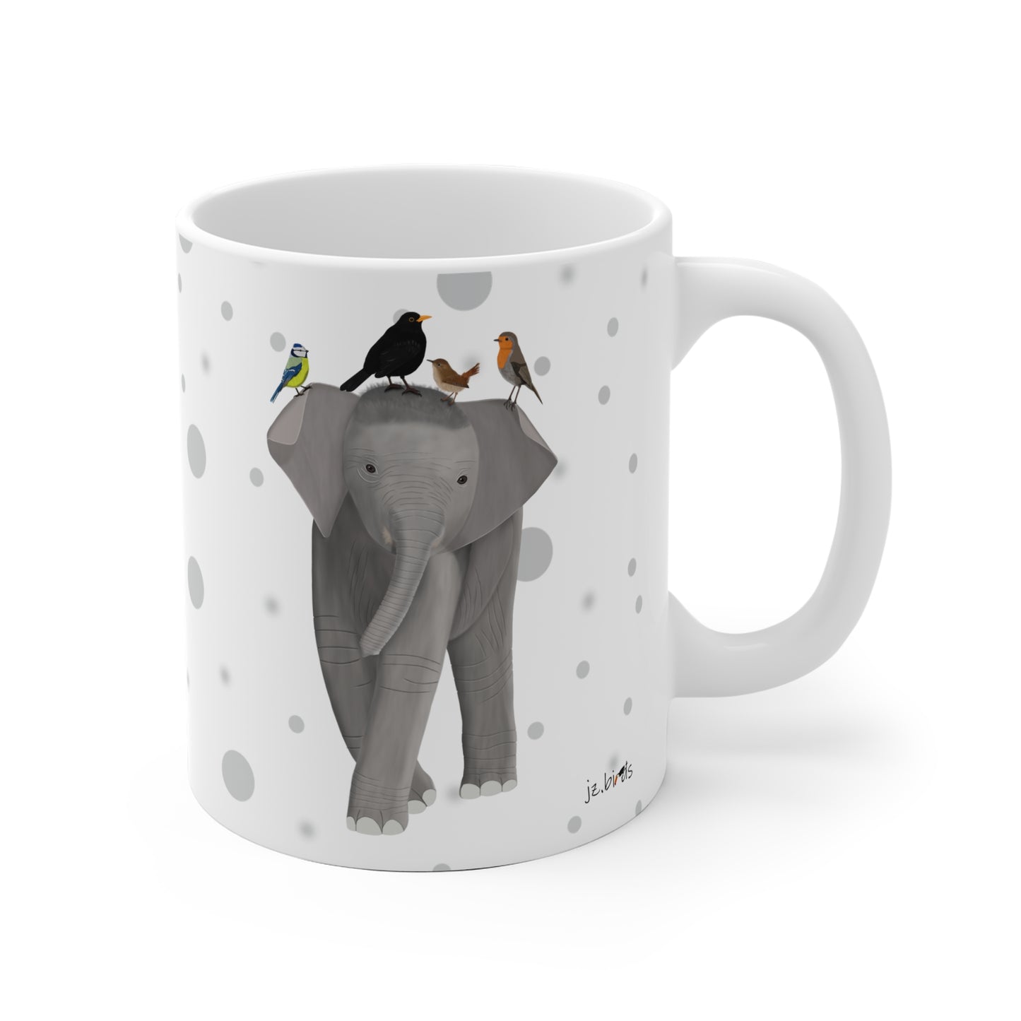 Amsel Rotkehlchen Blaumeise Zaunkönig auf einem Elefanten Vogel Tasse Punkte Grau
