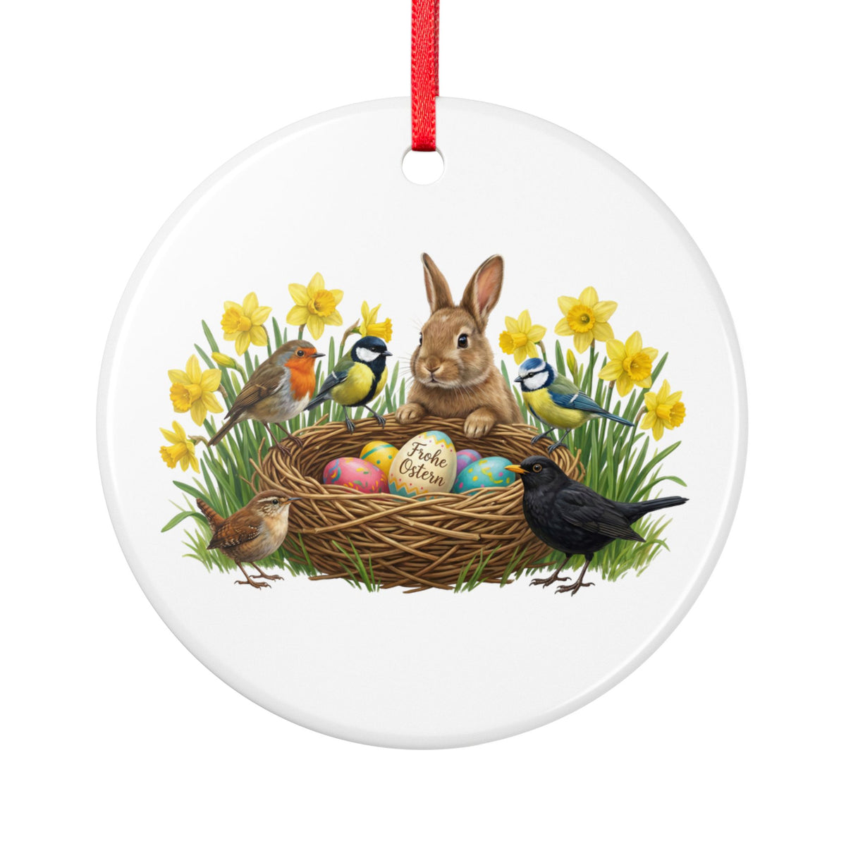 Rundes Keramikornament mit einem Kaninchen Rotkehlchen Amsel Blaumeise Kohlmeise Zaunkönig vor einem Osternest mit Ostereiern und gelben Osterglocken.