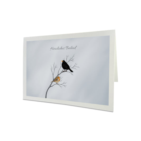 Amsel Rotkehlchen Trauerkarte Grau Herzliches Beileid mit Umschlag