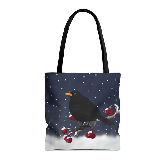 Amsel auf einem Ast im Schnee Vogel Tragetasche
