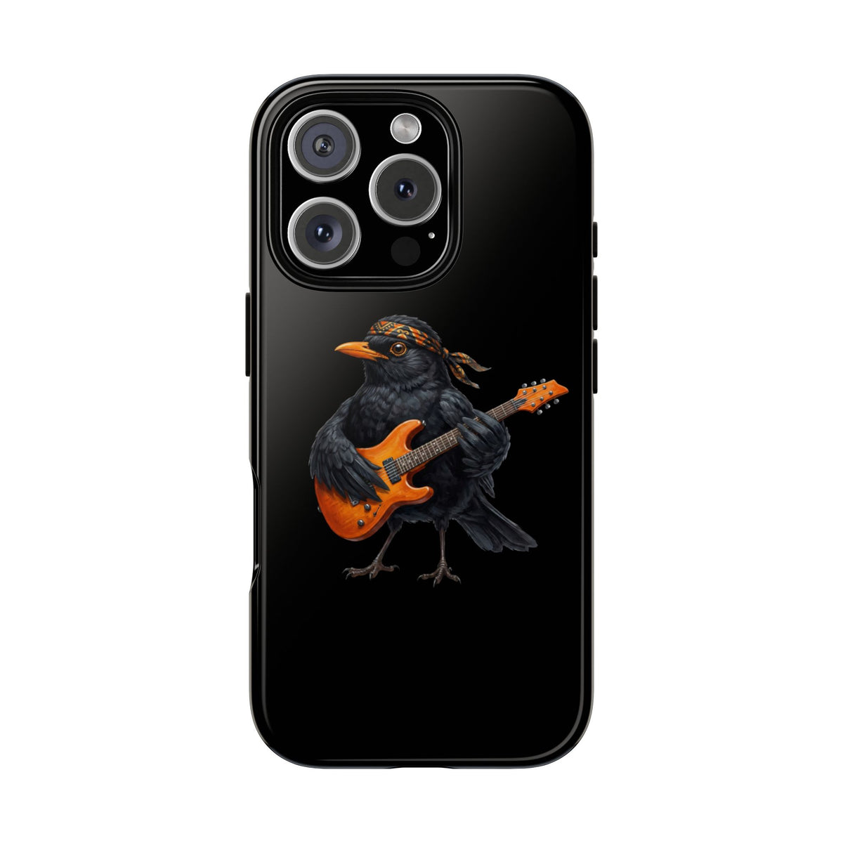Schwarze iPhone Handyhülle mit einer Amsel, die eine Gitarre spielt
