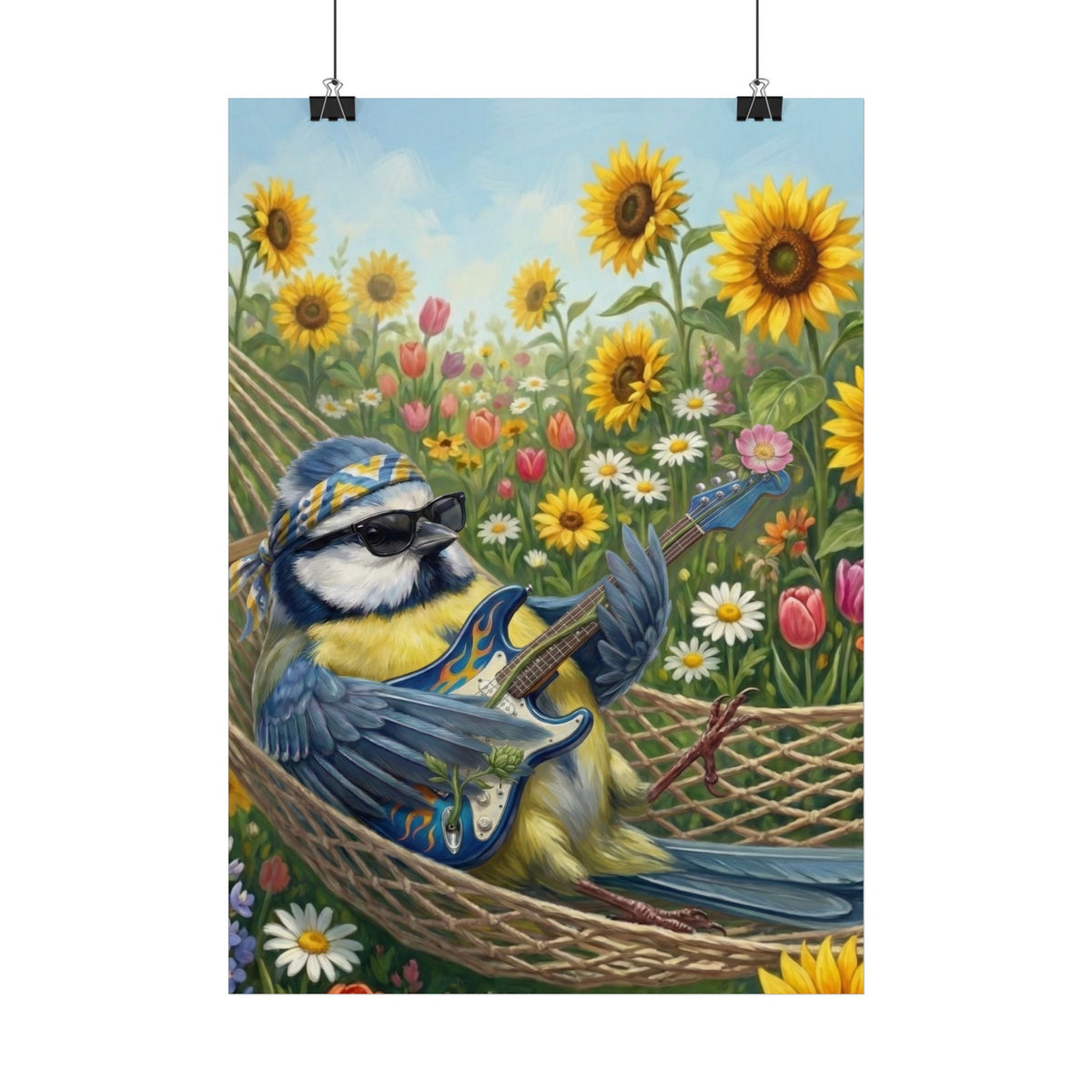 Bert Blaumeise in der Hängematte Kinderzimmer Poster – Vogel & Gitarre Wandbild | Kinder Deko Blumenwiese