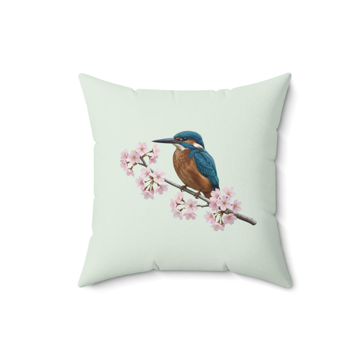 Eisvogel Kissen mit Kirschblüten in Salbeigrün | Dekokissen 40x40 mit Vogelmotiv
