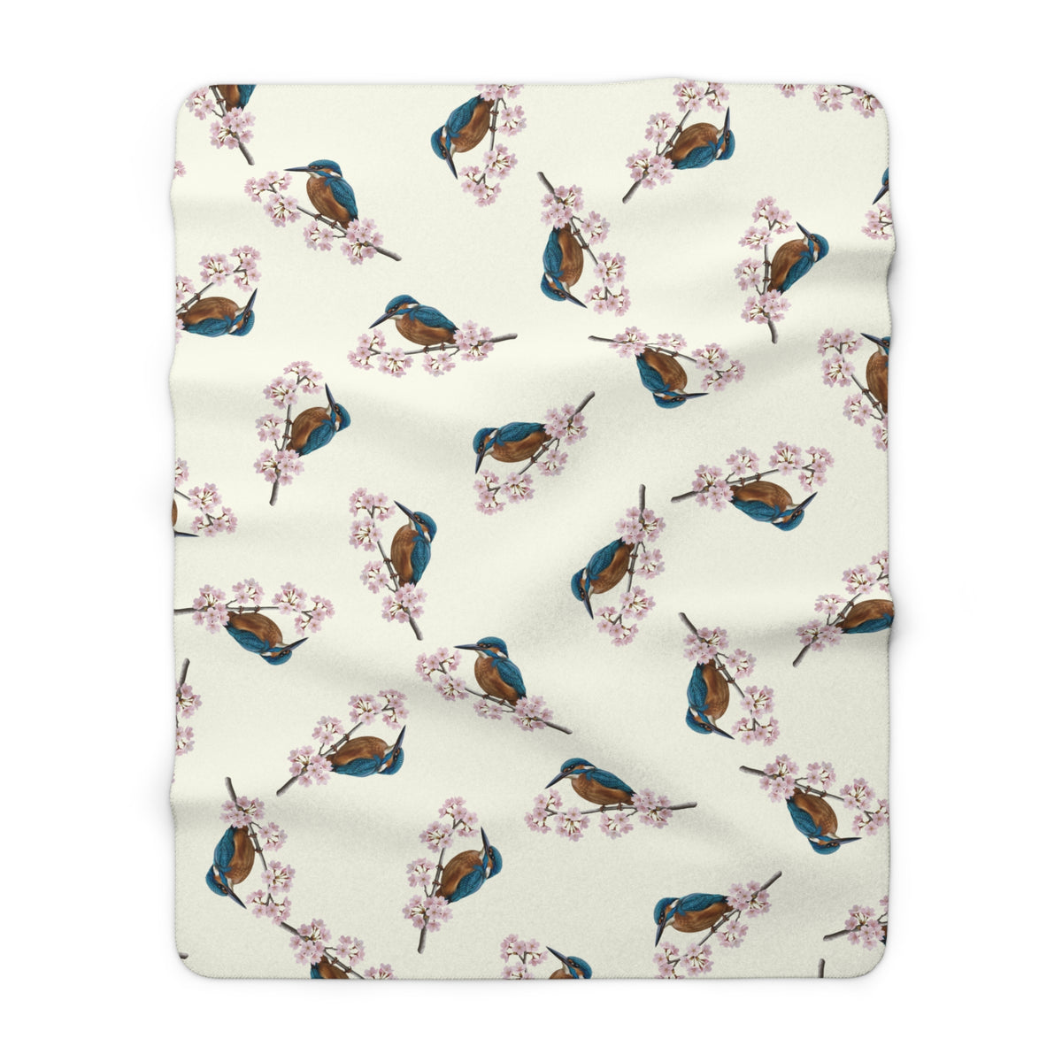Eisvogel Premium Sherpa-Fleece Decke in Cremeweiß | Kuscheldecke mit Vogelmotiv (150x200cm)