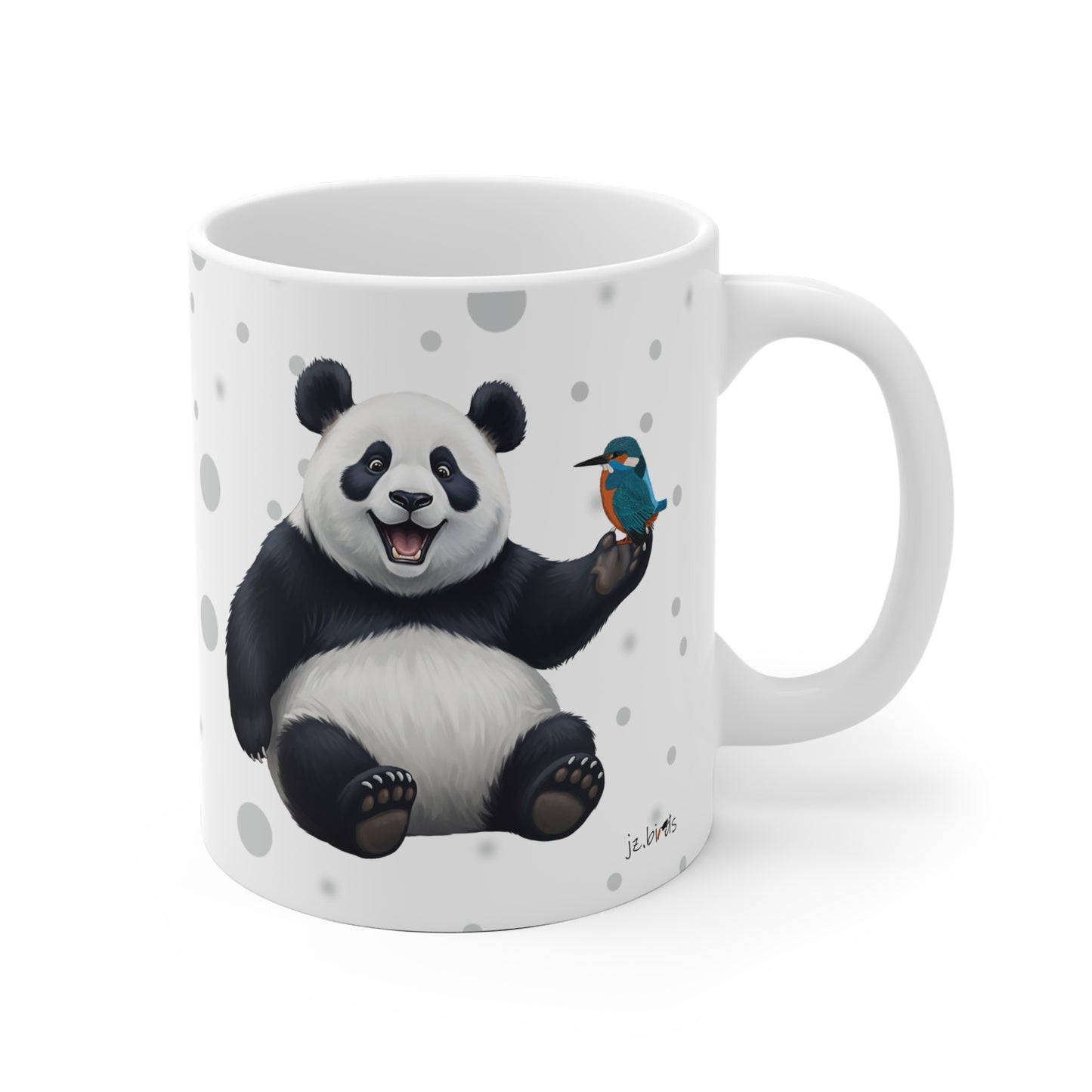 Eisvogel mit einem fröhlichen Panda Vogel Tiermotiv Tasse Punkte Grau