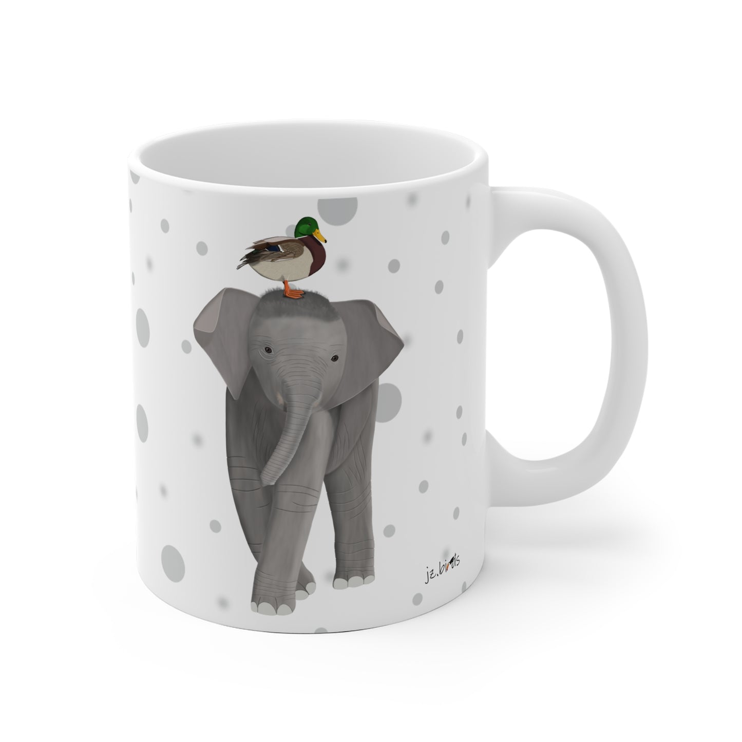 Ente auf einem Elefanten Vogel Tasse Punkte Grau