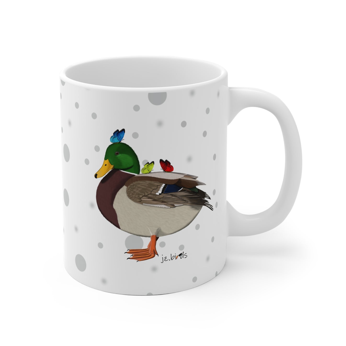 Ente mit Schmetterlingen Vogel Tasse Punkte Grau