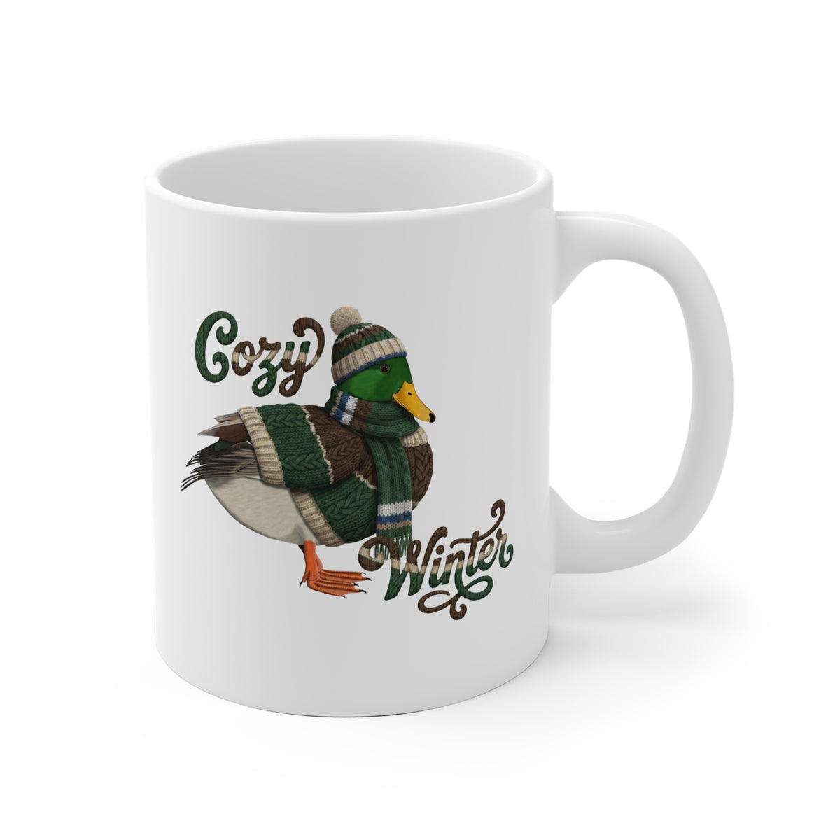 Ente mit Strickpullover Weihnachtliche Tasse mit Vogelmotiv Cozy Winter – Ideal für Kakao & Kaffee