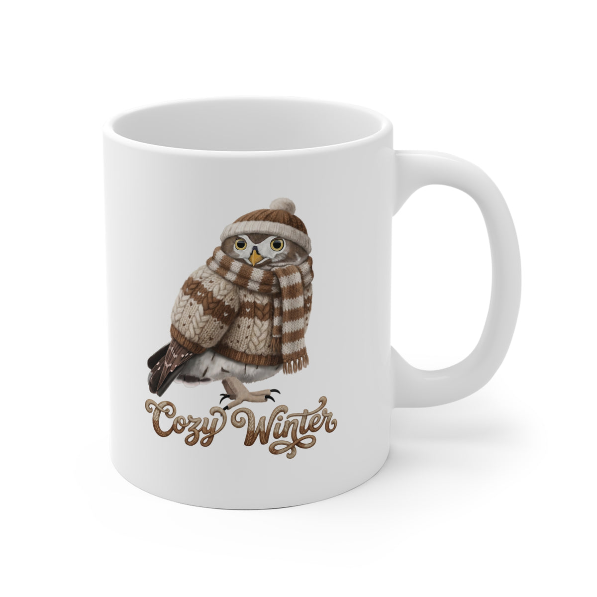 Eule mit Strickpullover Weihnachtliche Tasse mit Vogelmotiv Cozy Winter – Ideal für Kakao & Kaffee