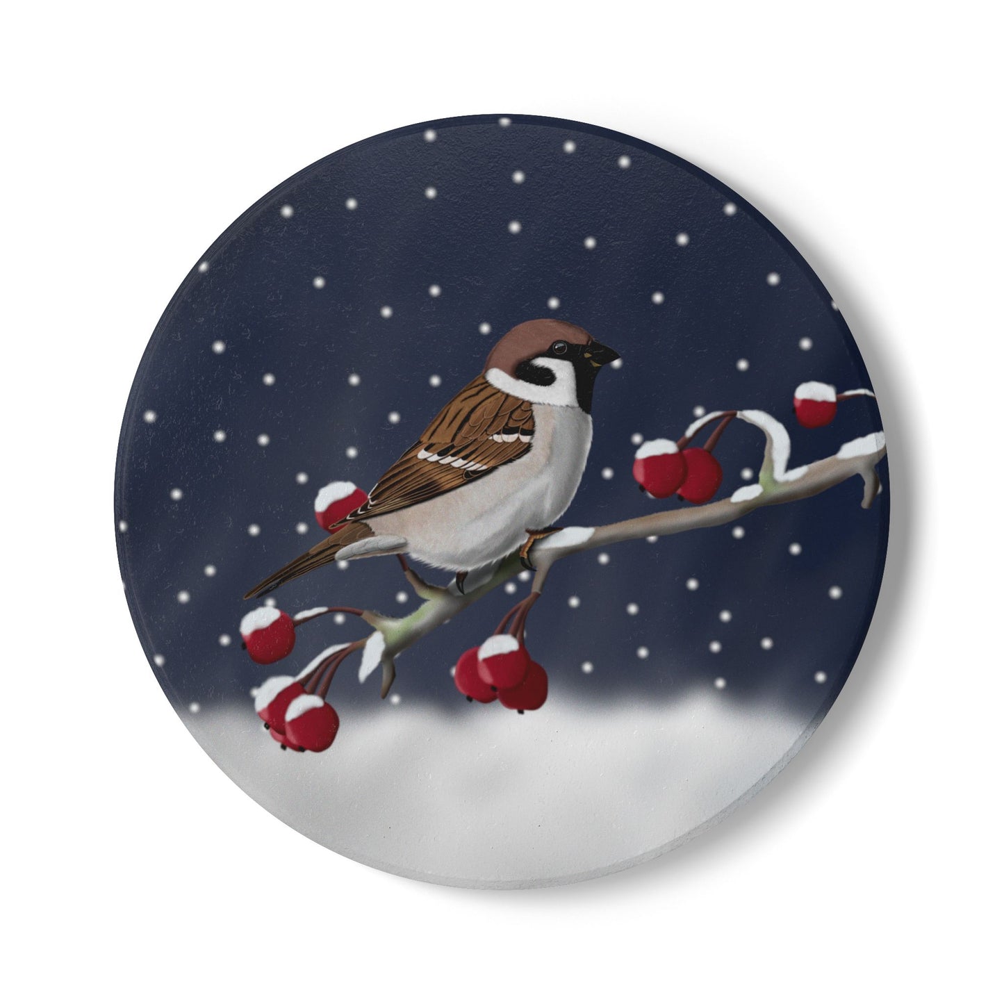Feldsperling im Schnee Keramik-Untersetzer: Weihnachtliches Vogel-Motiv