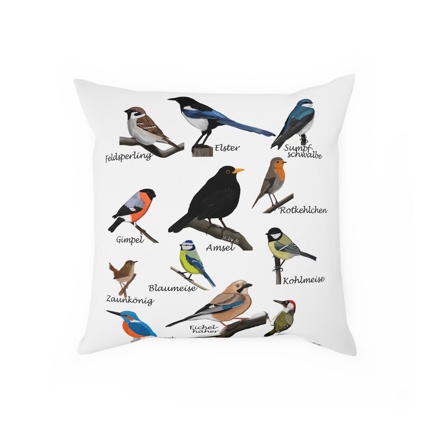 Gartenvögel Vogel Kissen – Dekokissen mit Amsel Rotkehlchen Blaumeise Zaunkönig Vogelmotiv für Vogelliebhaber und Vogelbeobachter