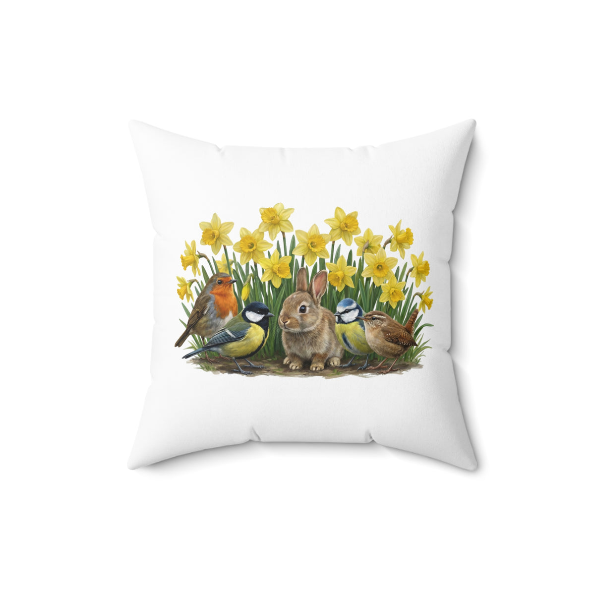 Decorative pillow with a design of birds, a rabbit, and daffodils on a white background