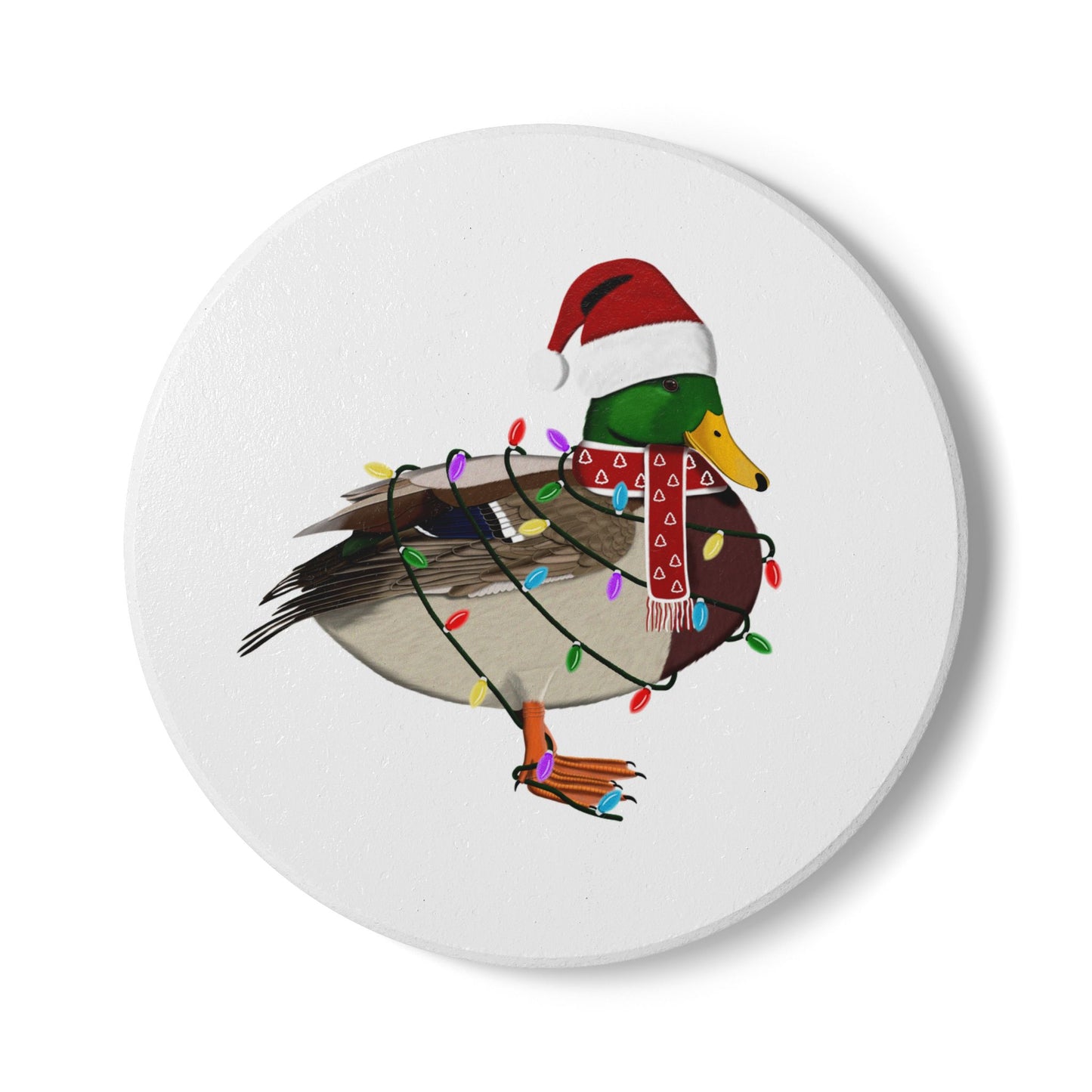 Keramik-Untersetzer Ente als Weihnachtsmann mit Lichterkette Weihnachtliches Vogel-Motiv