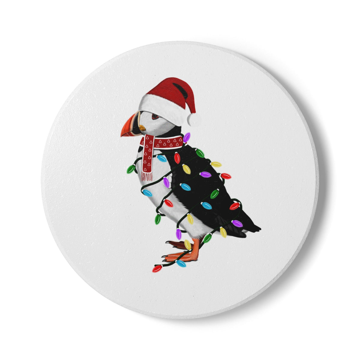 Keramik-Untersetzer Papageitaucher als Weihnachtsmann mit Lichterkette Weihnachtliches Vogel-Motiv