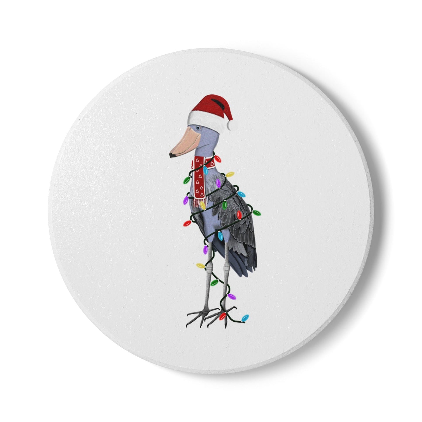 Keramik-Untersetzer Schuhschnabel als Weihnachtsmann mit Lichterkette Weihnachtliches Vogel-Motiv