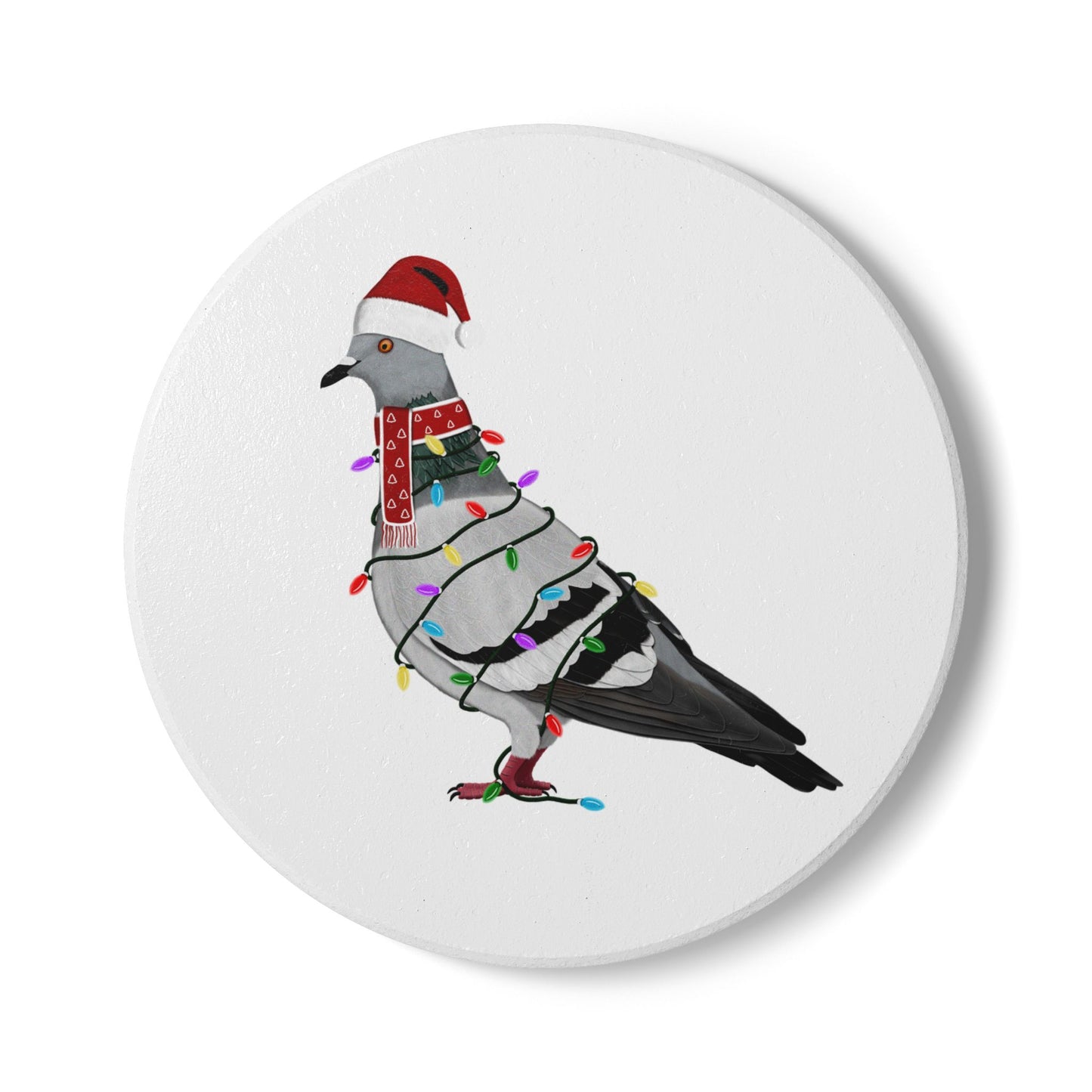 Keramik-Untersetzer Taube als Weihnachtsmann mit Lichterkette Weihnachtliches Vogel-Motiv