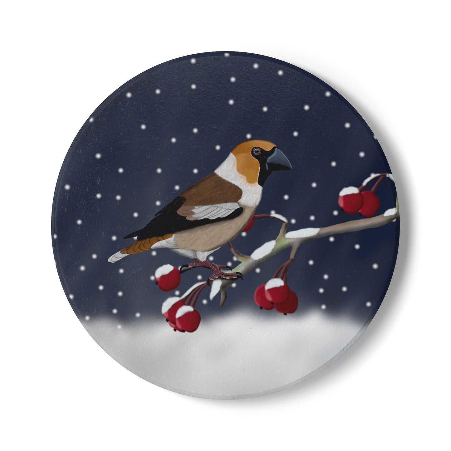 Kernbeißer im Schnee Keramik-Untersetzer: Weihnachtliches Vogel-Motiv