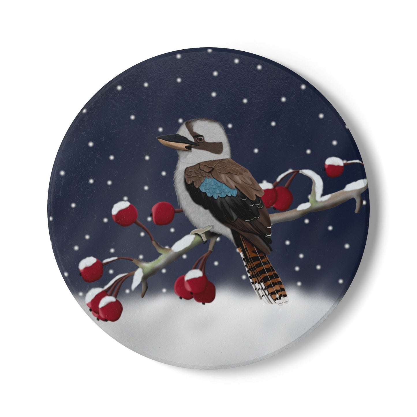 Kookaburra im Schnee Keramik-Untersetzer: Weihnachtliches Vogel-Motiv