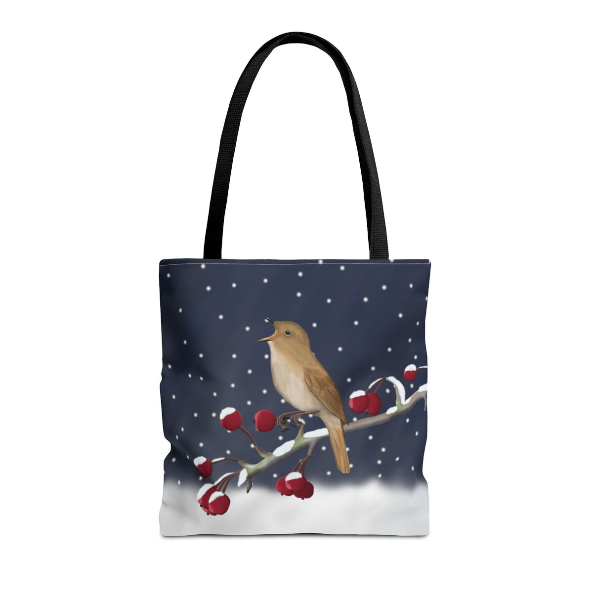Nachtigall auf einem Ast im Schnee Vogel Tragetasche