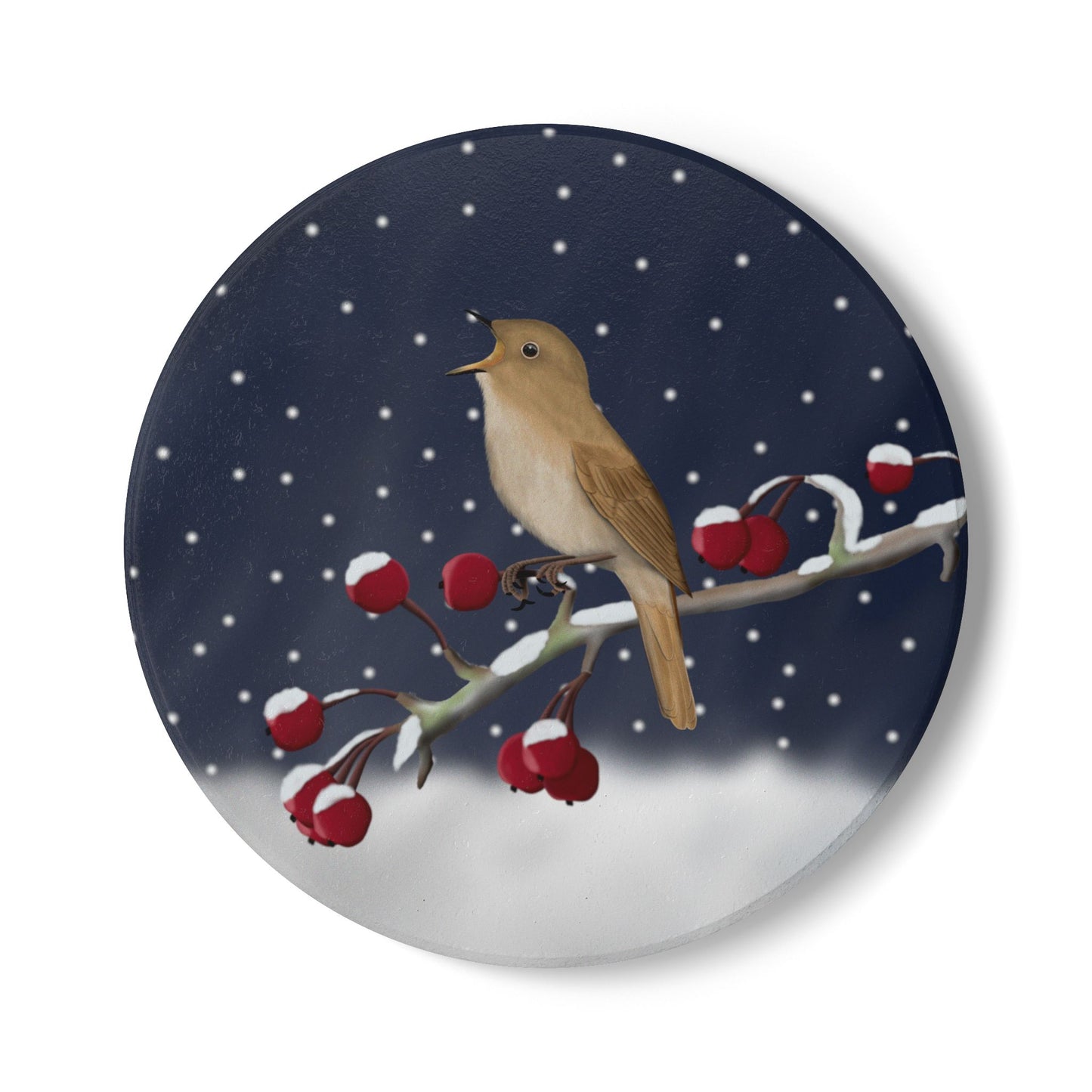Nachtigall im Schnee Keramik-Untersetzer: Weihnachtliches Vogel-Motiv