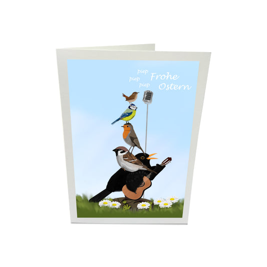 Osterkarte Amsel Spatz Rotkehlchen Blaumeise Zaunkönig Frohe Ostern Lustige Vogel Grußkarte mit Umschlag