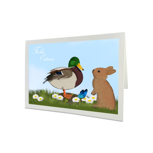 Osterkarte Ente und Kaninchen Frohe Ostern Lustige Vogel Grußkarte mit Umschlag