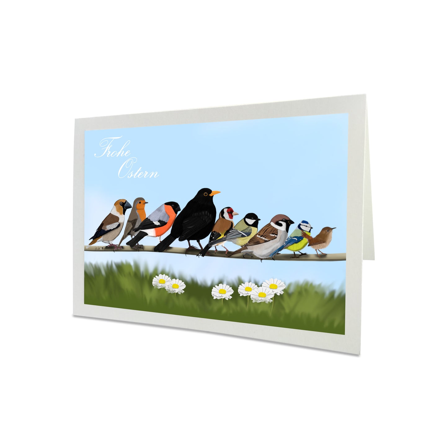 Osterkarte Gartenvögel auf einem Ast Amsel Rotkehlchen Blaumeise Frohe Ostern Lustige Vogel Grußkarte mit Umschlag