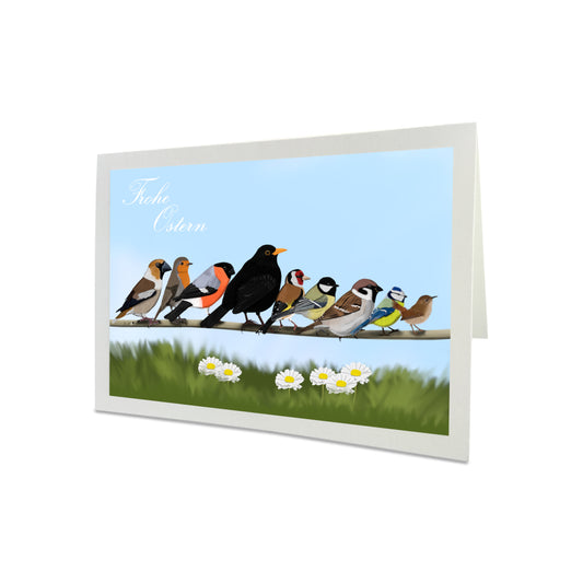Osterkarte Gartenvögel auf einem Ast Amsel Rotkehlchen Blaumeise Frohe Ostern Lustige Vogel Grußkarte mit Umschlag