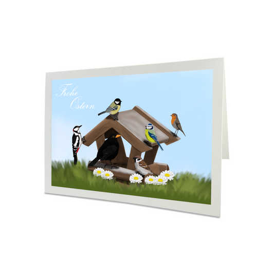Osterkarte Gartenvögel im Futterhaus Amsel Rotkehlchen Blaumeise Frohe Ostern Lustige Vogel Grußkarte mit Umschlag