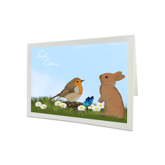Osterkarte Rotkehlchen mit Kaninchen Frohe Ostern Lustige Vogel Grußkarte mit Umschlag