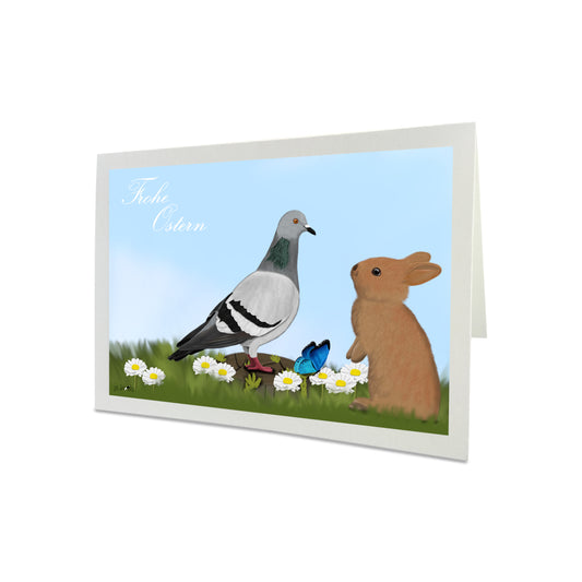 Osterkarte Taube mit Kaninchen Frohe Ostern Lustige Vogel Grußkarte mit Umschlag