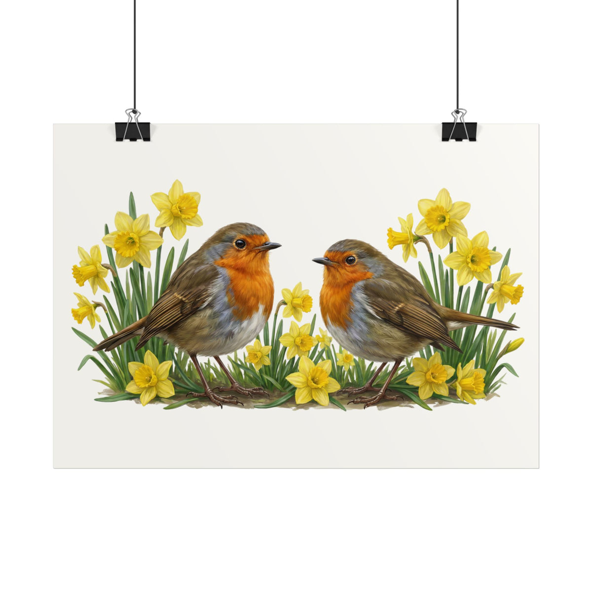 Poster mit einer Rotkehlchen Vogel Zeichnung mit gelben Osterglocken auf einem weißen Hintergrund