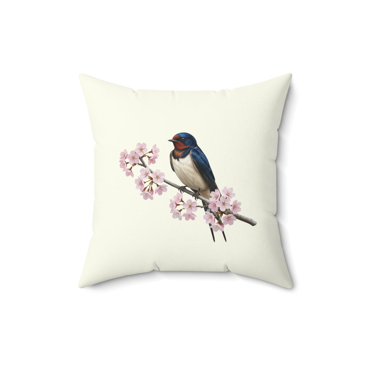 Rauchschwalbe Kissen mit Kirschblüten in Cremeweiß | Dekokissen 40x40 mit Vogelmotiv