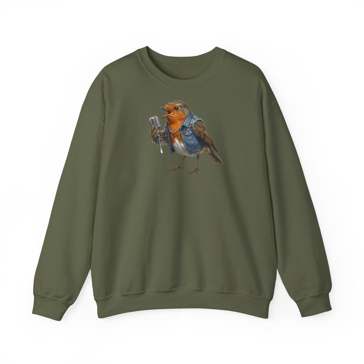 rotkehlchen mit mikrofon singt auf einem grünen sweatshirt