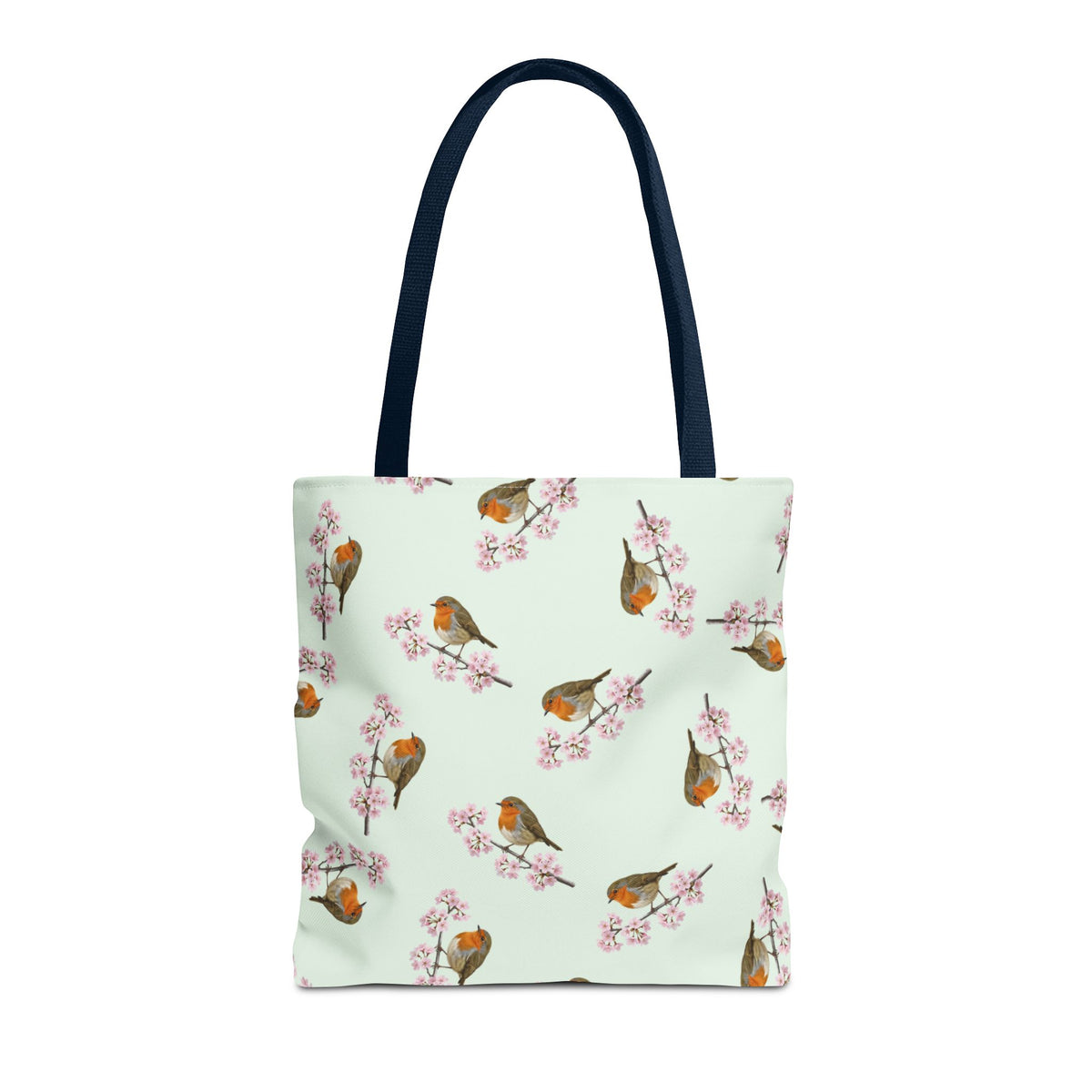 Rotkehlchen & Kirschblüten Tragetasche in Salbeigrün | Stofftasche & Geschenk für Vogelbeobachter