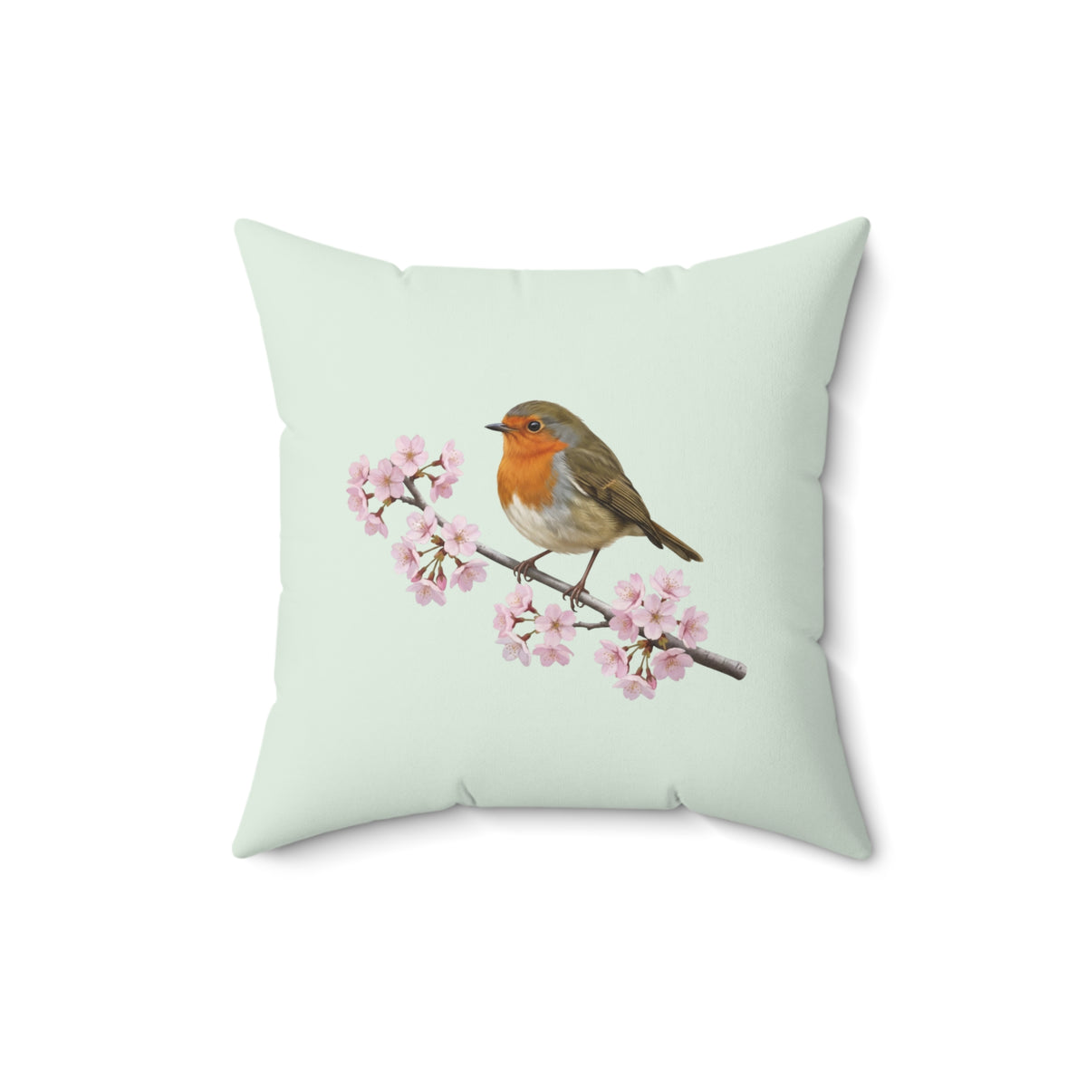 Rotkehlchen Kissen mit Kirschblüten in Salbeigrün | Dekokissen 40x40 mit Vogelmotiv