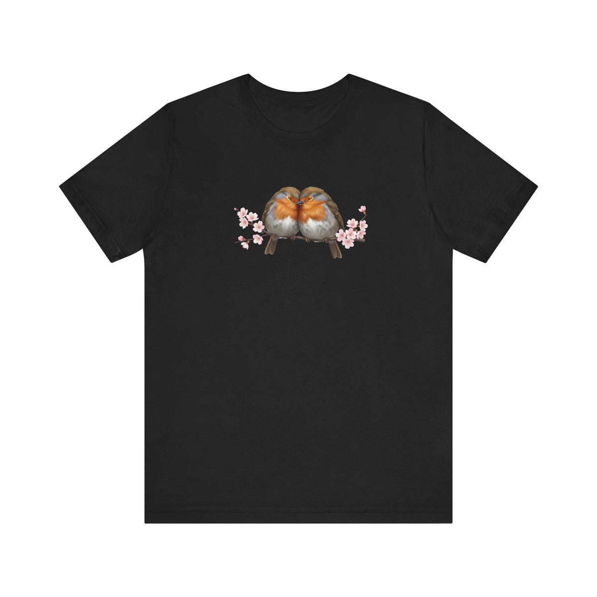 Black t-shirt with a graphic of two birds and cherry blossoms on a white background