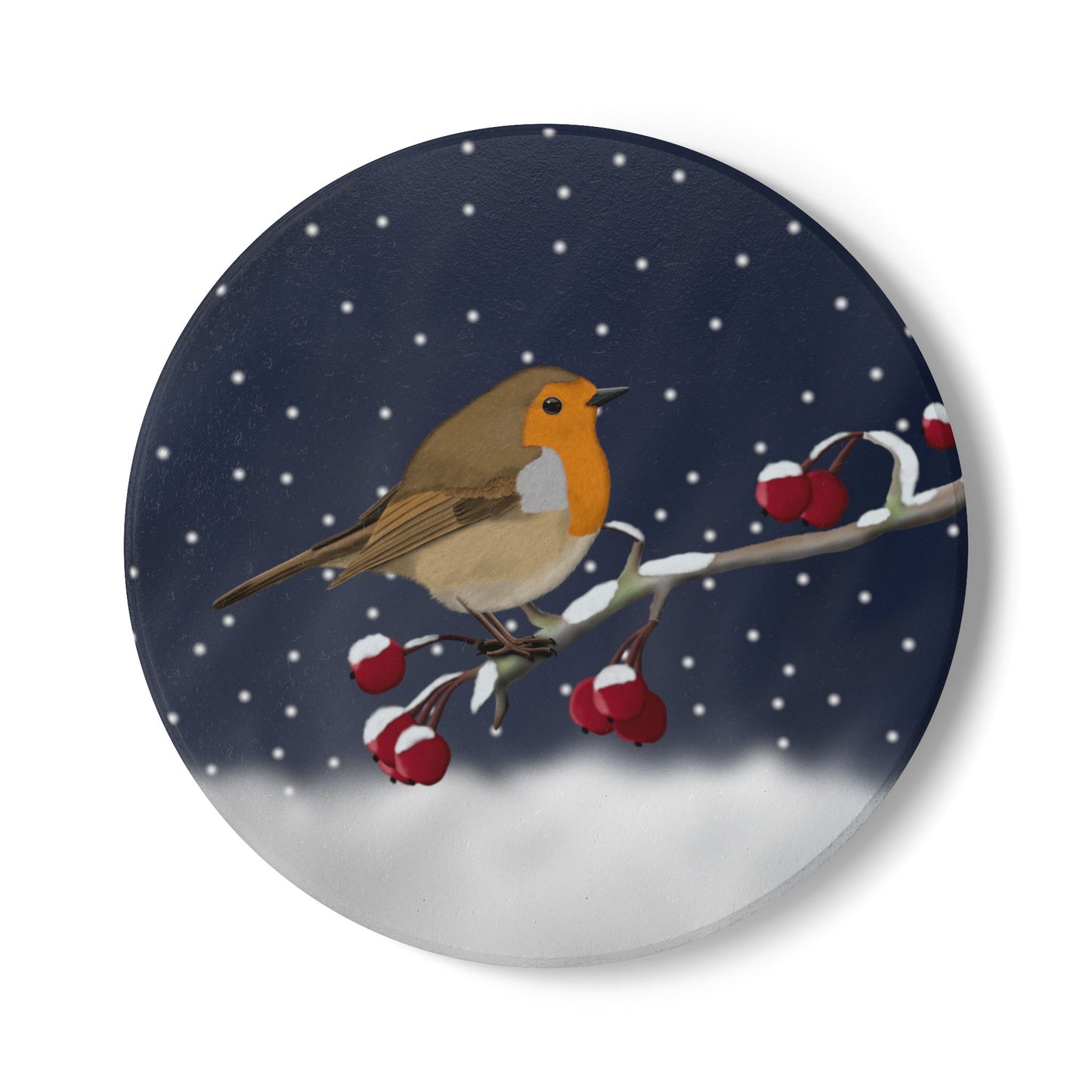 Rotkehlchen im Schnee Keramik-Untersetzer: Weihnachtliches Vogel-Motiv