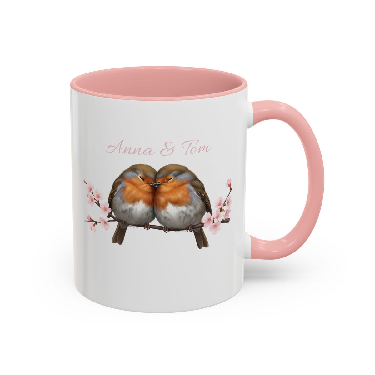 personalisierte tasse mit rosa griff mit rotkehlchen auf einem ast mit kirschblüten