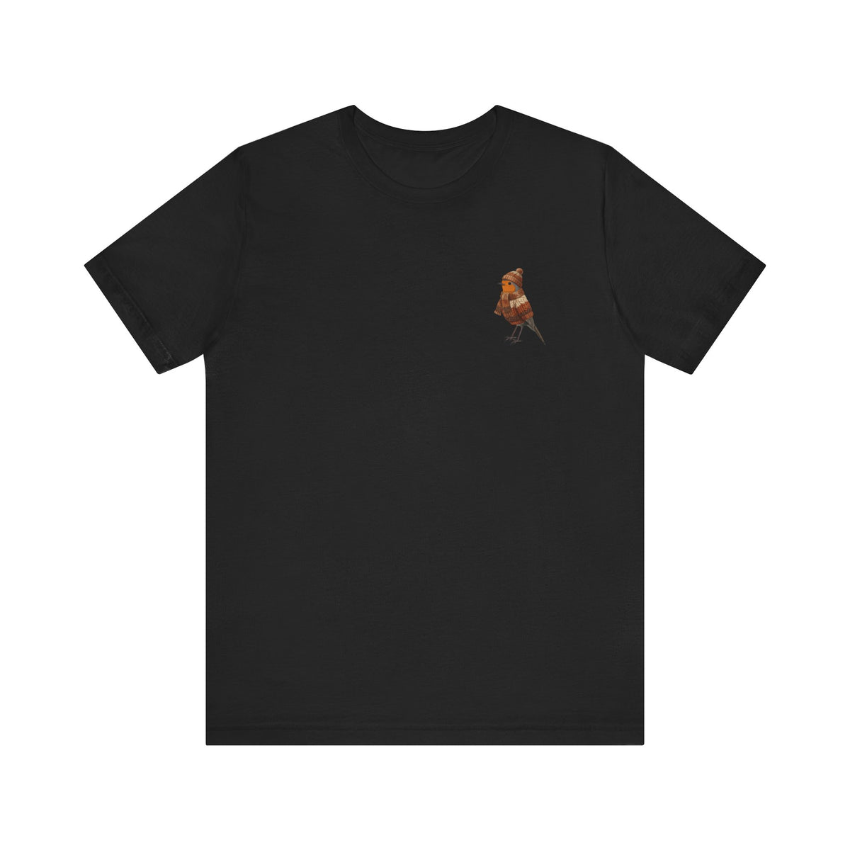 Rotkehlchen in Strick T-Shirt – Weiches Premium Shirt mit Winterlichem Vogelmotiv