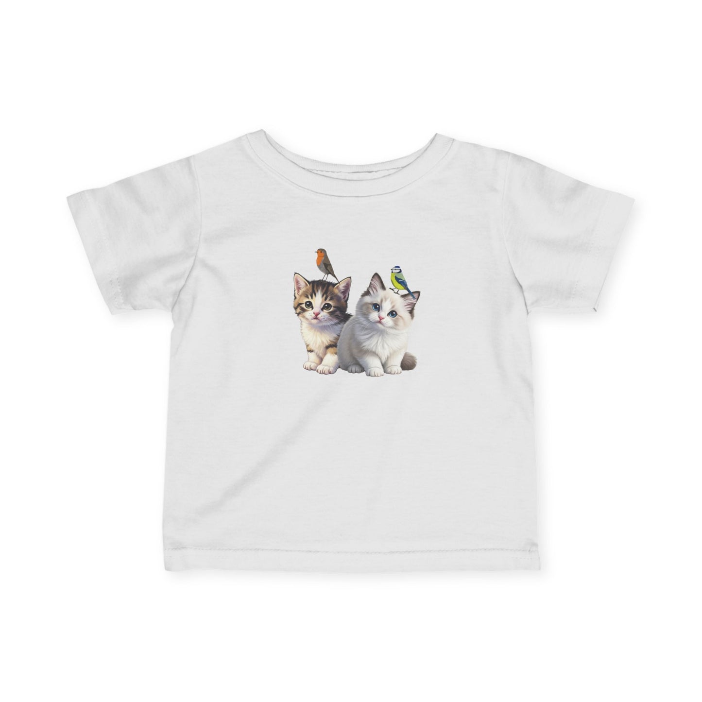 Süße Kätzchen Tiermotiv Baby T-Shirt mit Rotkehlchen und Blaumeise