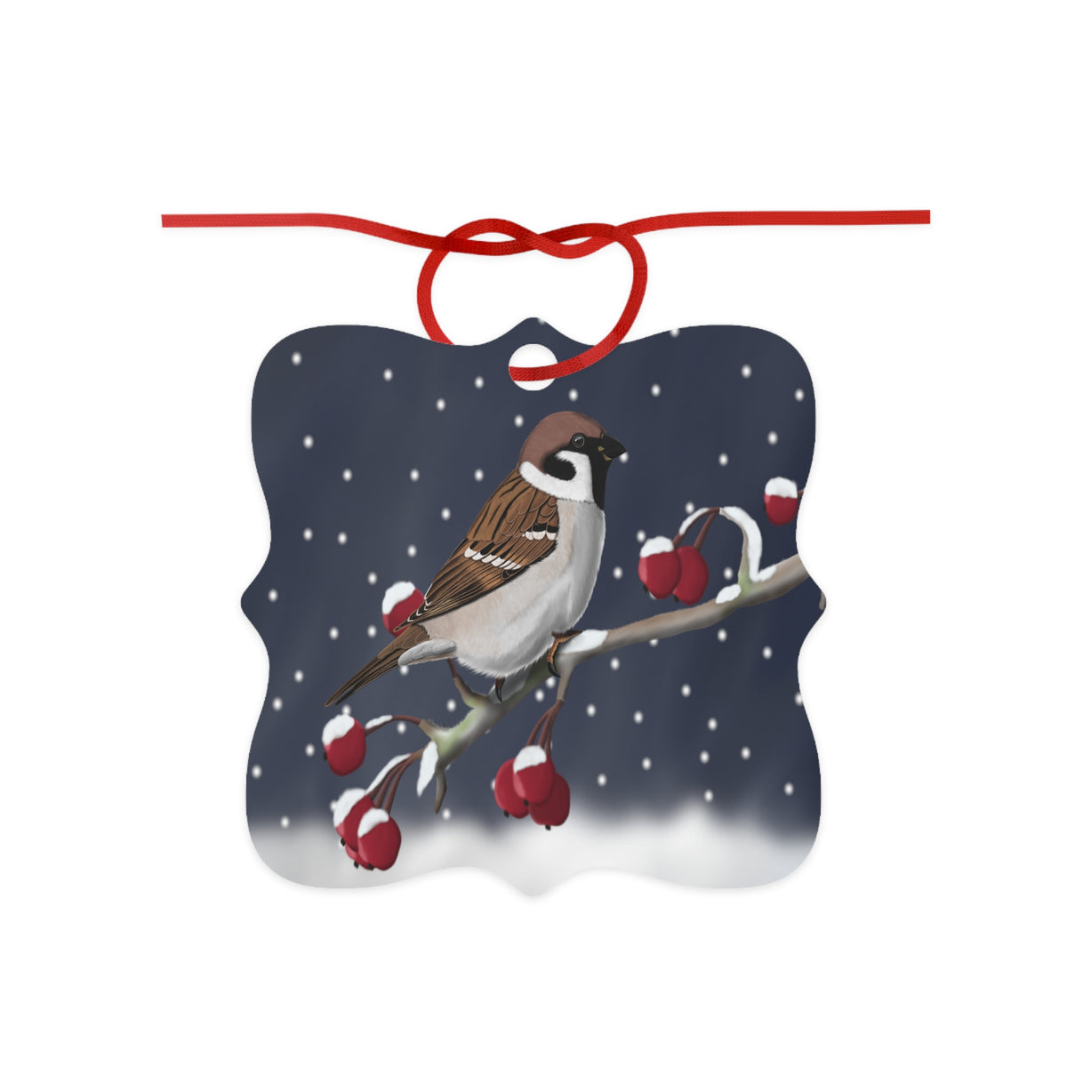 Spatz auf einem Ast Ornament aus Aluminium – Einzigartiger Christbaumschmuck mit Rotem Band