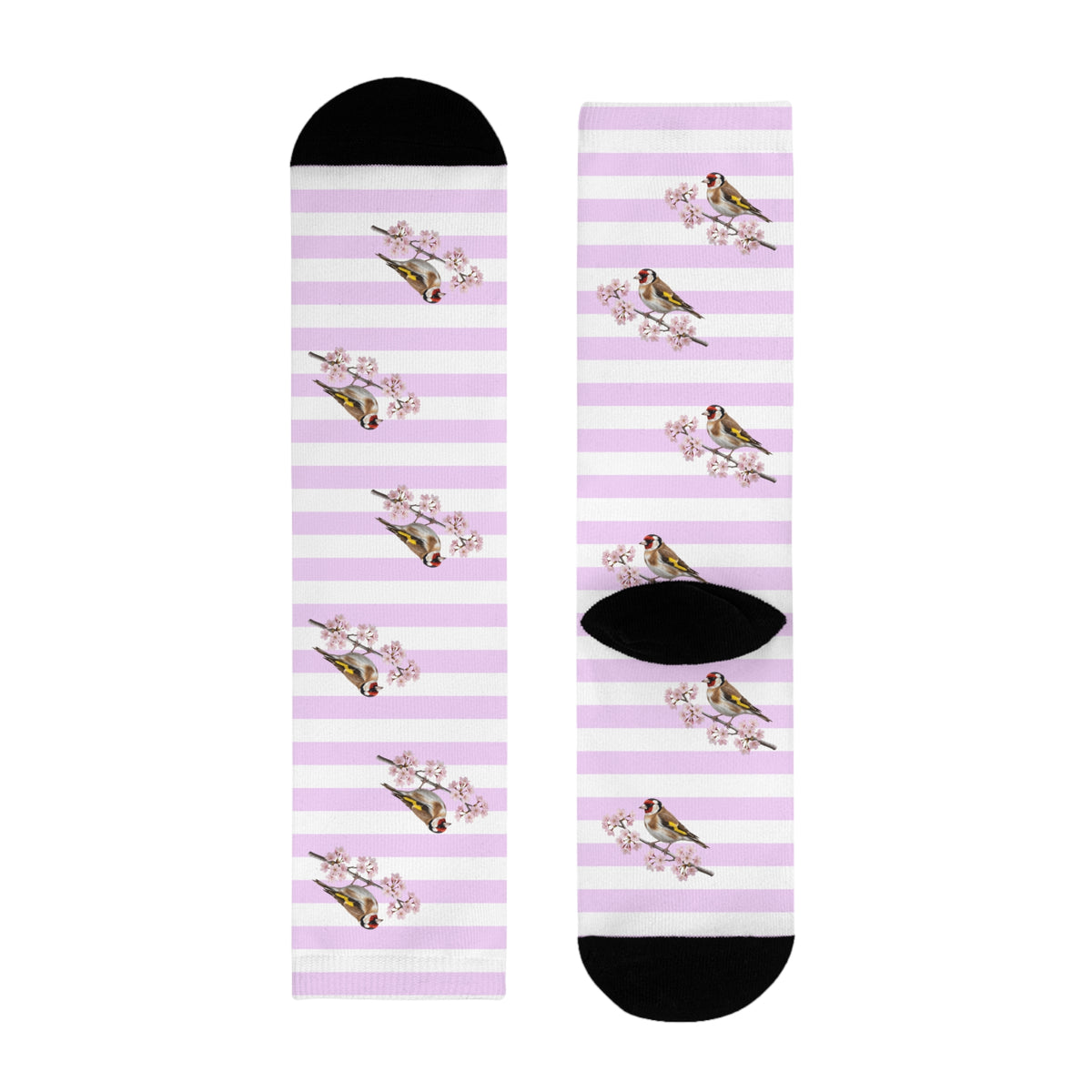 Stieglitz Socken mit Kirschblüten | Weiß Rosa gestreifte Vogelmotiv Strümpfe