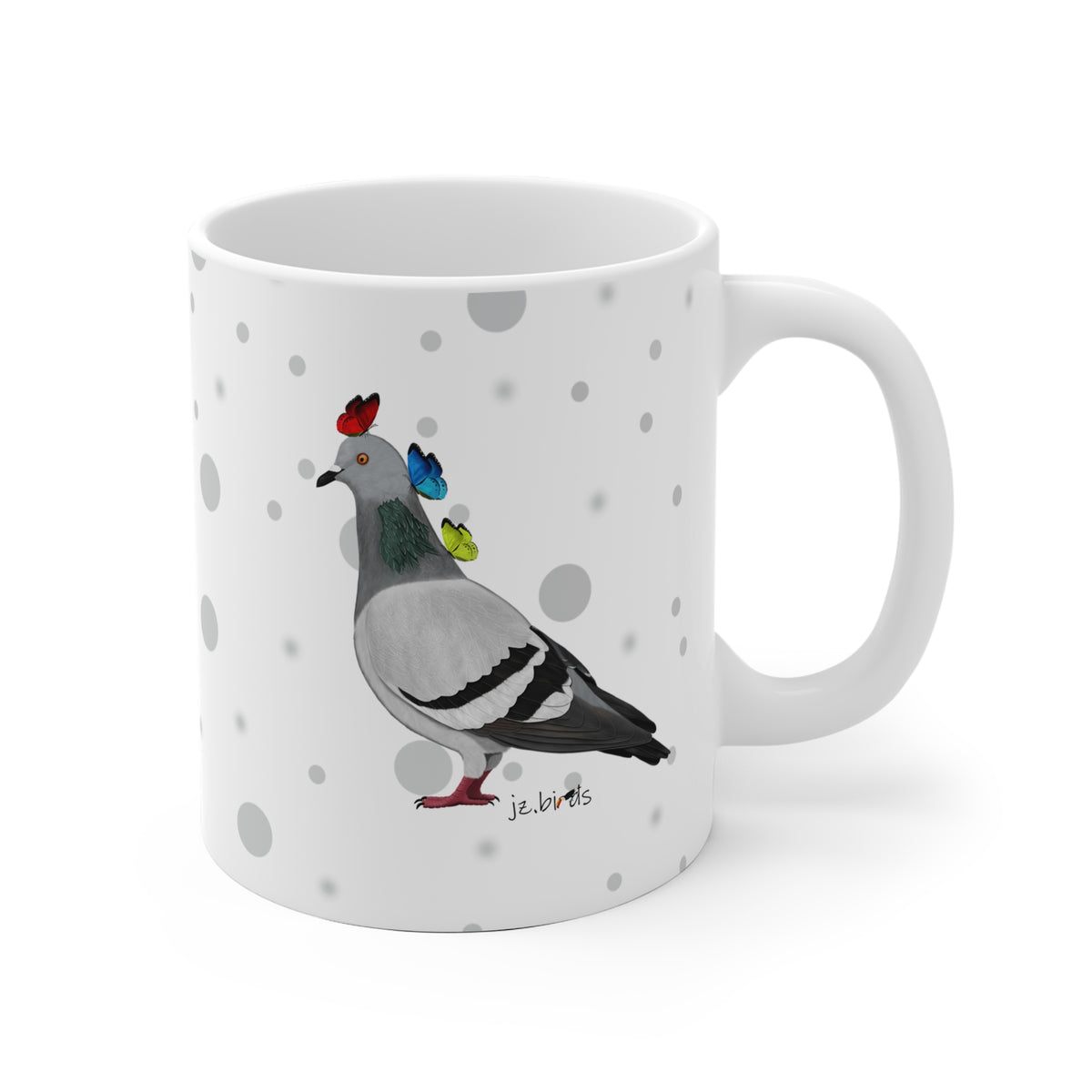 Taube mit Schmetterlingen Vogel Tasse Punkte Grau