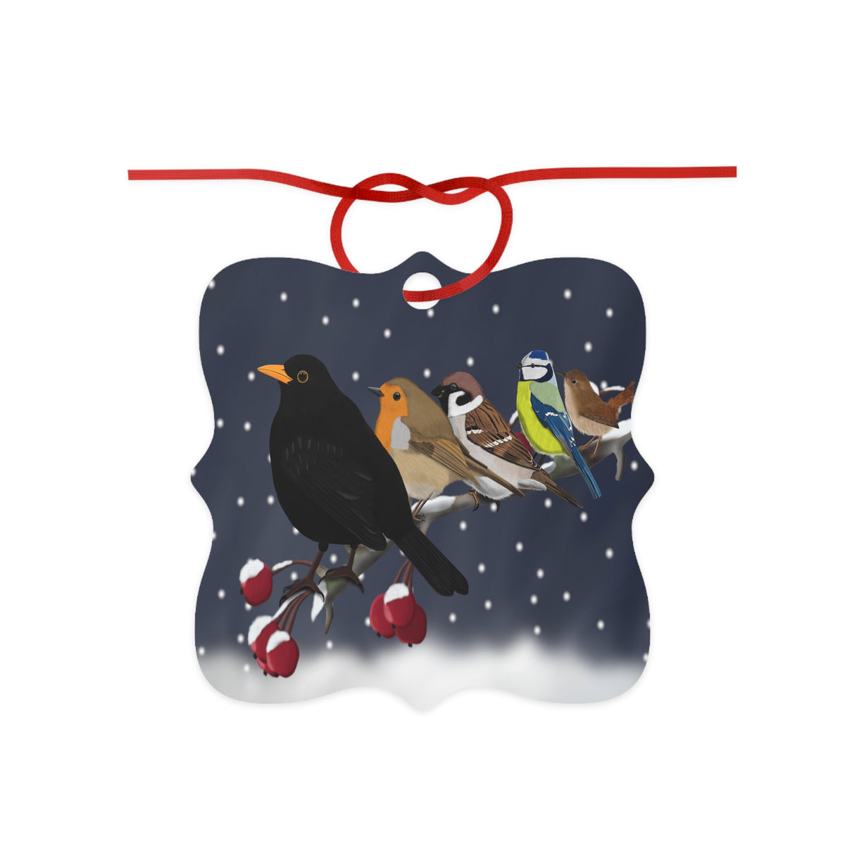 Vögel auf einem Ast Ornament aus Aluminium – Einzigartiger Christbaumschmuck mit Rotem Band
