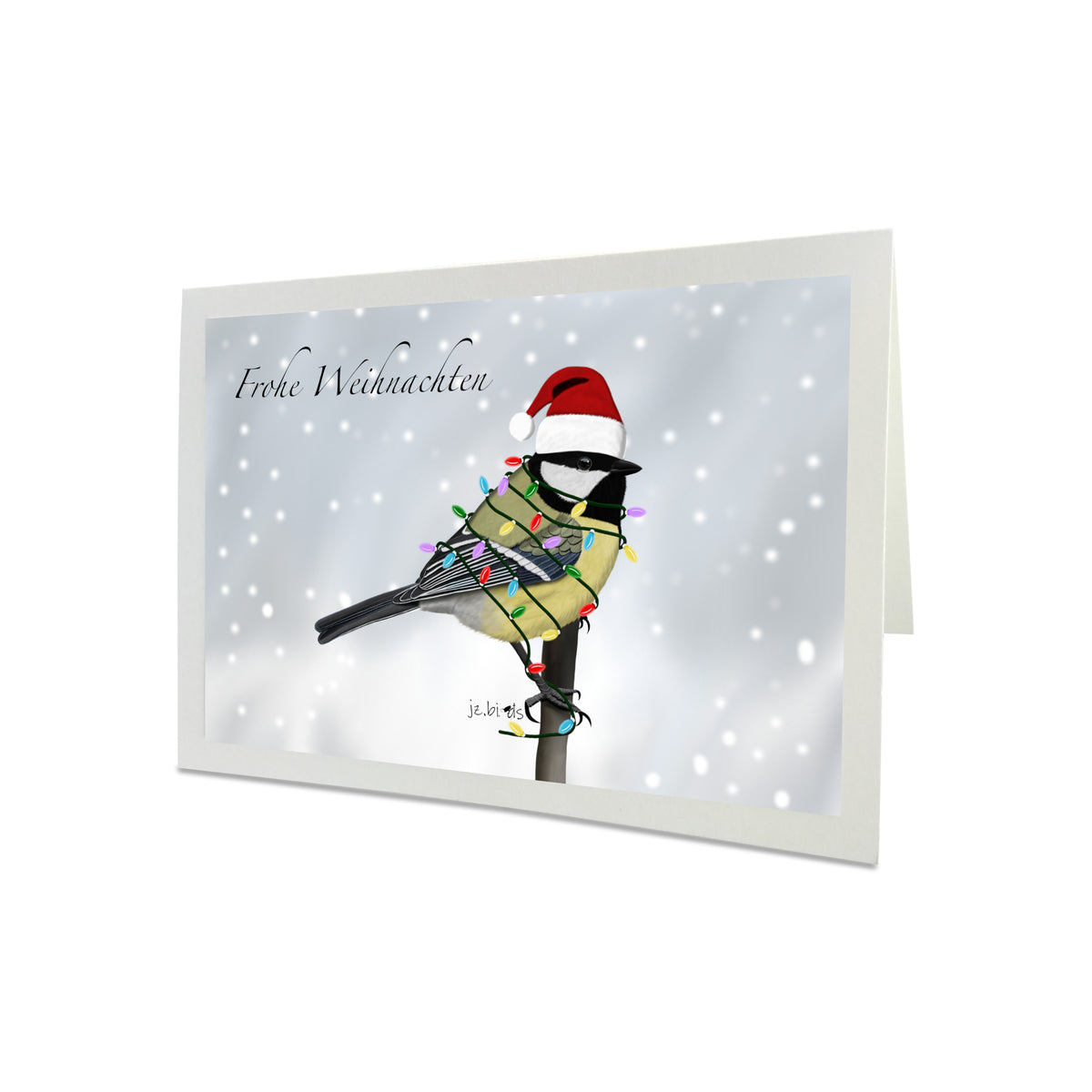 Weihnachtskarte Kohlmeise als Weihnachtsmann mit Lichterkette Vogel Zeichnung Inklusive Umschlag