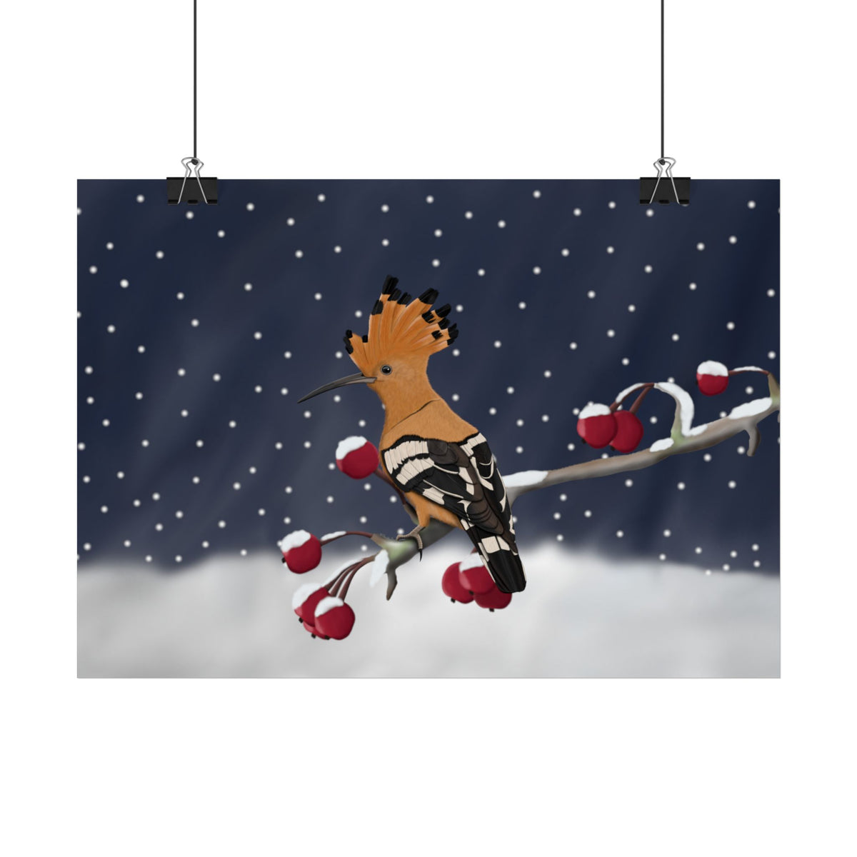 Wiedehopf auf einem Ast im Schnee Vogel Poster