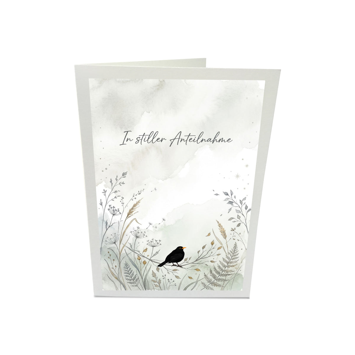 Handgefertigte Trauerkarte mit gemalter Amsel, Pusteblumen und Gräsern – würdevolle Beileidskarte In stiller Anteilnahme (17x12 cm) mit Umschlag